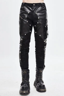 Black Patchwork Asymmetric Rivet Studded Punk Leather Mens Pants
