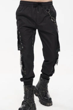 Black Punk Multi Pocket Splicing Illusory Color Removable Metal Left Chain Design Cargo Men's Pants