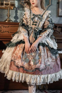 Green Gorgeous Short Sleeves Ruffle Bowknot Print Classic Lolita Dress