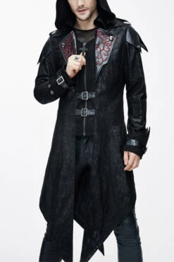False Two Pieces Black Hooded Leather Long Mens Gothic Coats