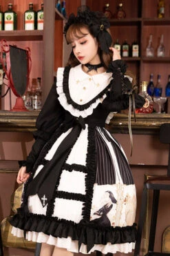 Black Doll Collar Long Sleeves Ruffled Anthem Print Gothic Lolita OP Dress -LolitaInside 9da7272e07ca5409271bd3c0dc91b31b