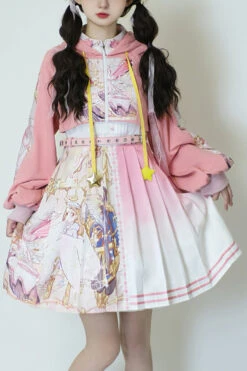 Pink Beginning Of Sun And Moon Series Printing Sweet Lolita JSK Dress And Hoodie Set
