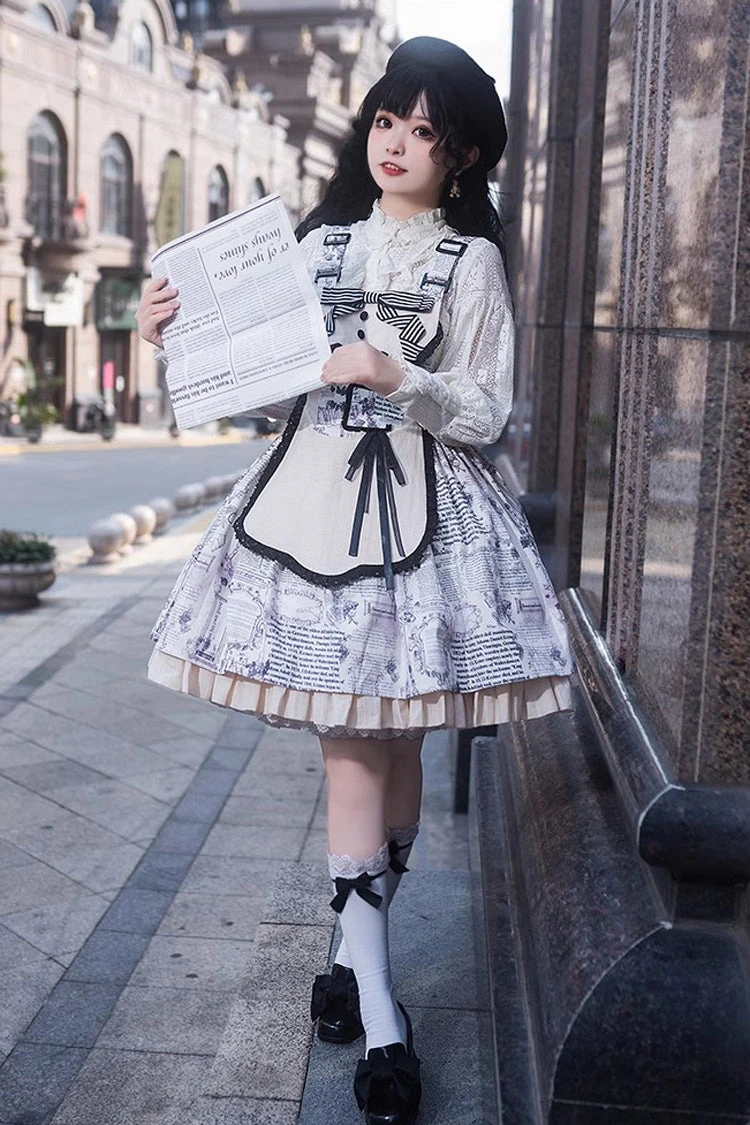 White Vintage Berlin Daily Print Removable Apron Classic Lolita Strap Dress 5 White Vintage Berlin Daily Print Removable Apron Classic Lolita Strap Dress - Image 3