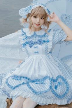 Light Blue Love Plaid Print Bowknot Short Sleeves Princess Sweet Lolita OP Dress (Apron Is Included) -LolitaInside 9e660d01842e8585c8c99a6b4a011fb3