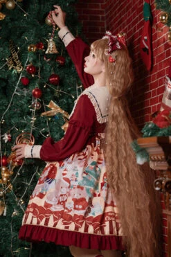 Wine Christmas Bear Print Long Sleeves High Waisted Bowknot Ruffled Sweet Lolita Op Dress -LolitaInside 9ea0261d31aaafda7edd6fe49b075593