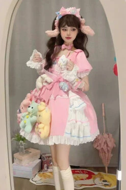 Pink Square Collar Print Doll Party Detachable Sleeves Ruffle Bowknot Sweet Princess Lolita Dress -LolitaInside 9eafbab02a005dfdd351346882287804