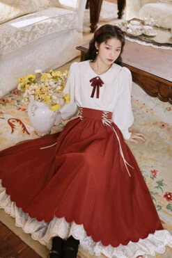 Solid Color High Waisted Lace Wave Hem Two Pieces Classic Lolita Dress -LolitaInside 9ee9dde111734cda977b4e8a4451b553