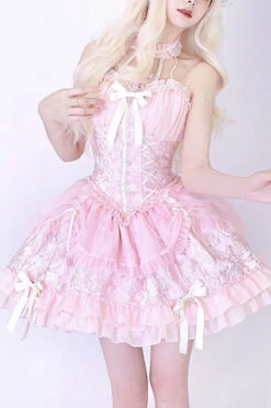 Pink Tube Top Sleeveless Blowknot Ruffled Sweet Lolita Tiered Dress