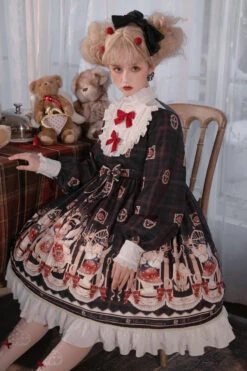Doll Collar Lantern Long Sleeves Stitching Bear Paradise Print Ruffled Hanayome Sweet Lolita Op Dress -LolitaInside 9fc8534a7d0a260df4061e05f3900aff