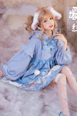 Blue Lantern Long Sleeves Alice Rabbit Print Hooded Cute Sweet Lolita OP Dress -LolitaInside 9fcc7397eeb8c7bd4e16adadd7070d73