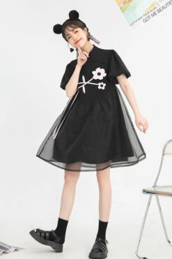 Black Stand Collar Lantern Short Sleeves Floral Print Organza Panel Sweet Lolita Dress -LolitaInside a024a27029f2dd4a48a442aca9030b40