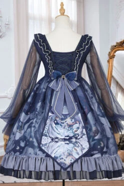 Dark Blue Unicorn Print Long Sleeves High Waisted Ruffled Classic Lolita OP Dress -LolitaInside a02a41d6075947700c2bb2ca35f13f0b