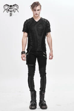 Black Tattered Striped Shoulder Splice Mesh Short Sleeve Men's Punk T-Shirt -LolitaInside a041c7d392738c58aa25022133346e92