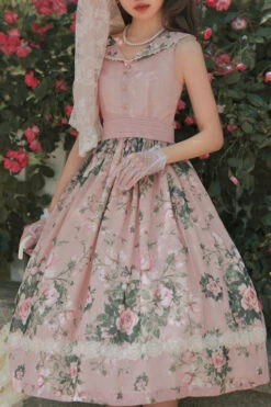 Pink Elegant Vintage French Rose Floral Print V Collar Sleeveless Ruffled Classic Lolita JSK Dress