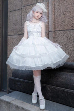 White Sleeveless Multi-layer Ruffle Bowknot Sweet Princess Lolita Jsk Dress -LolitaInside a0c52cd070d3ae9315799624b9f65b47