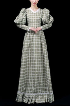 Dark Green Long Sleeves Plaid Print High Waisted Ruffled Victorian Lolita Prom Dress