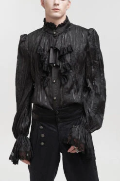 Black Vintage Stand Collar Striped Collar Floral Lace Men's Gothic Shirt