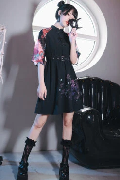 Black Stand Collar Hundred Ghosts Night Walk Colorful Print Short Sleeves High Waisted Sweet Lolita Dress -LolitaInside a157f40041abace7c2dbb232142d73f5