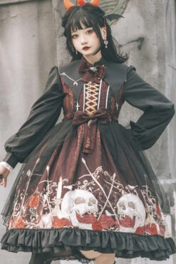 Black/Red Lapel Collar Long Sleeves High Waisted Printed Gothic Lolita OP Dress -LolitaInside a176982dd741b5aa1808d5274b7e21ae