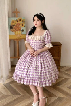 Purple Square Collar Heart Print Ruffled Short Sleeves Plus Size Sweet Lolita OP Dress -LolitaInside a18613e4b1ce98869abc16b366b801d5
