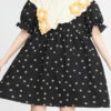 Black Ruffled Splicing Round Collar Bubble Short Sleeves Floral Print High Waisted Sweet Lolita Dress