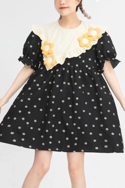 Black Ruffled Splicing Round Collar Bubble Short Sleeves Floral Print High Waisted Sweet Lolita Dress