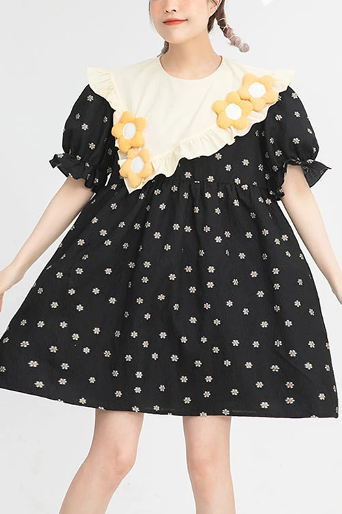 Black Ruffled Splicing Round Collar Bubble Short Sleeves Floral Print High Waisted Sweet Lolita Dress 3 Black Ruffled Splicing Round Collar Bubble Short Sleeves Floral Print High Waisted Sweet Lolita Dress