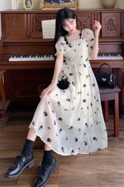 Beige French Square Collar Short Sleeves Rose Print Long Plus Size Sweet Lolita Dress -LolitaInside a29462edbf6d3824b55d0a5bf5497424