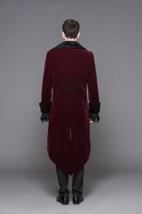 Red Party Fake Two Pieces Velvet Mens Gothic Long Coat 8 Red Party Fake Two Pieces Velvet Mens Gothic Long Coat - Image 6