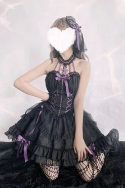 Black Purple Tube Top Sleeveless Blowknot Ruffled Gothic Lolita Tiered Dress -LolitaInside a3c1348b3104ad1483cfe137b0511d4f