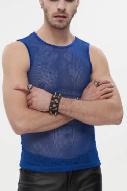 Blue Elasticity Perspective Rhombus Net Yarn Sleeveless Men's Gothic T-Shirt