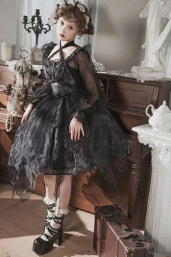 Black Ruffled Strap Mesh Lantern Sleeves High Waisted Irregular Hem Gothic Lolita OP Dress -LolitaInside a4b4964d45269f1d3dafed085b358d03