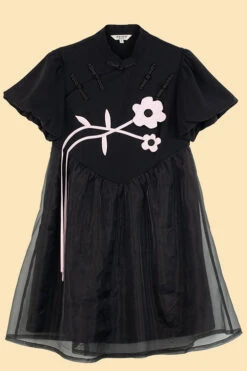 Black Stand Collar Lantern Short Sleeves Floral Print Organza Panel Sweet Lolita Dress -LolitaInside a4f1bbf2640784f30cf205d393fcc433