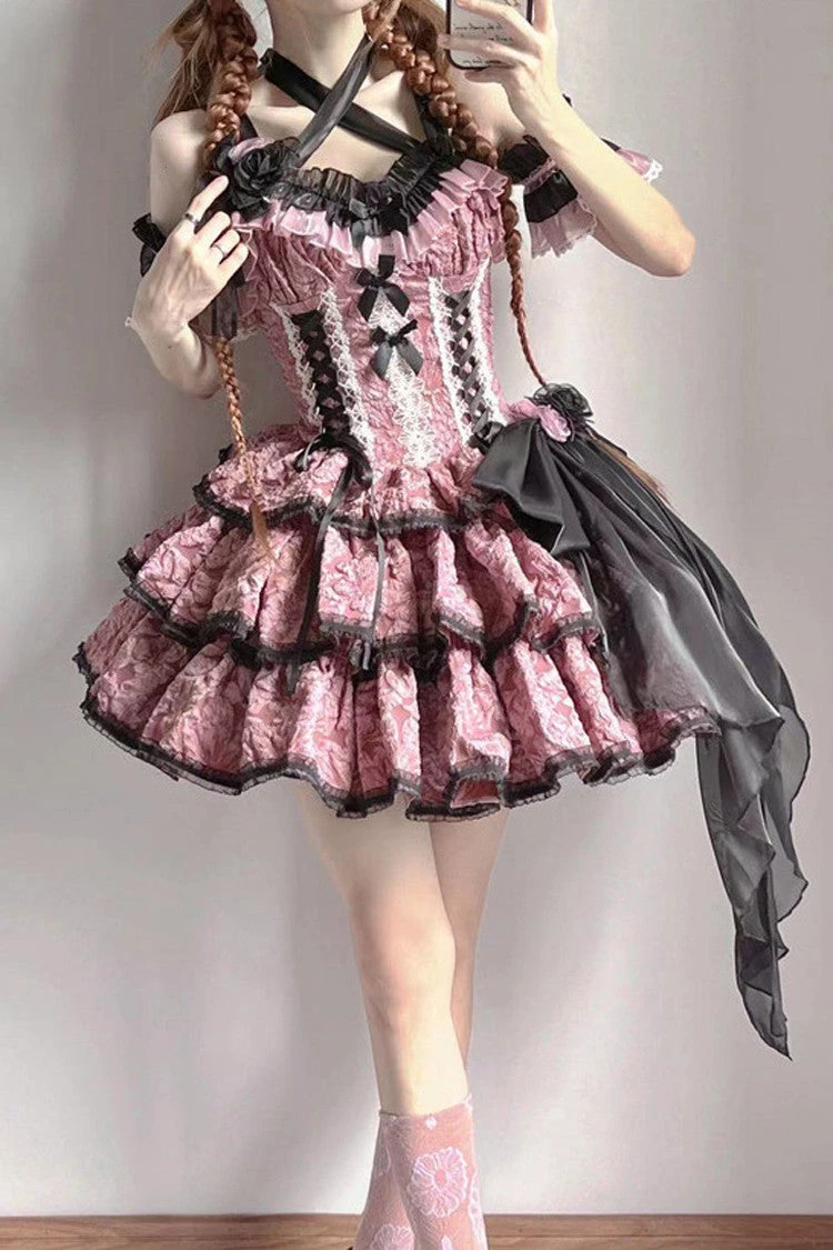 Pink Medea Kiss Short Sleeves Gothic Lolita JSK Tiered Dress 3 Pink Medea Kiss Short Sleeves Gothic Lolita JSK Tiered Dress