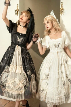 Vintage Elegant Lace Square Collar Bubble Short Sleeves Time Butterfly Print High Waisted Sweet Lolita Dress -LolitaInside a540fde4044ee58a87de893f8015d11c