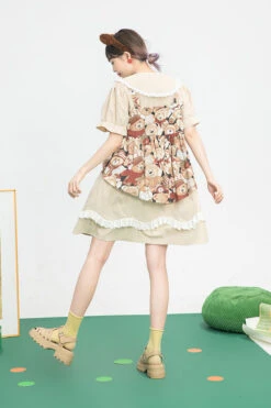 Beige Vintage Doll Collar Bear Print Fake Two Pieces Short Sleeves Sweet Lolita Dress -LolitaInside a573c1556c98fdad9354aa10e626fdb7