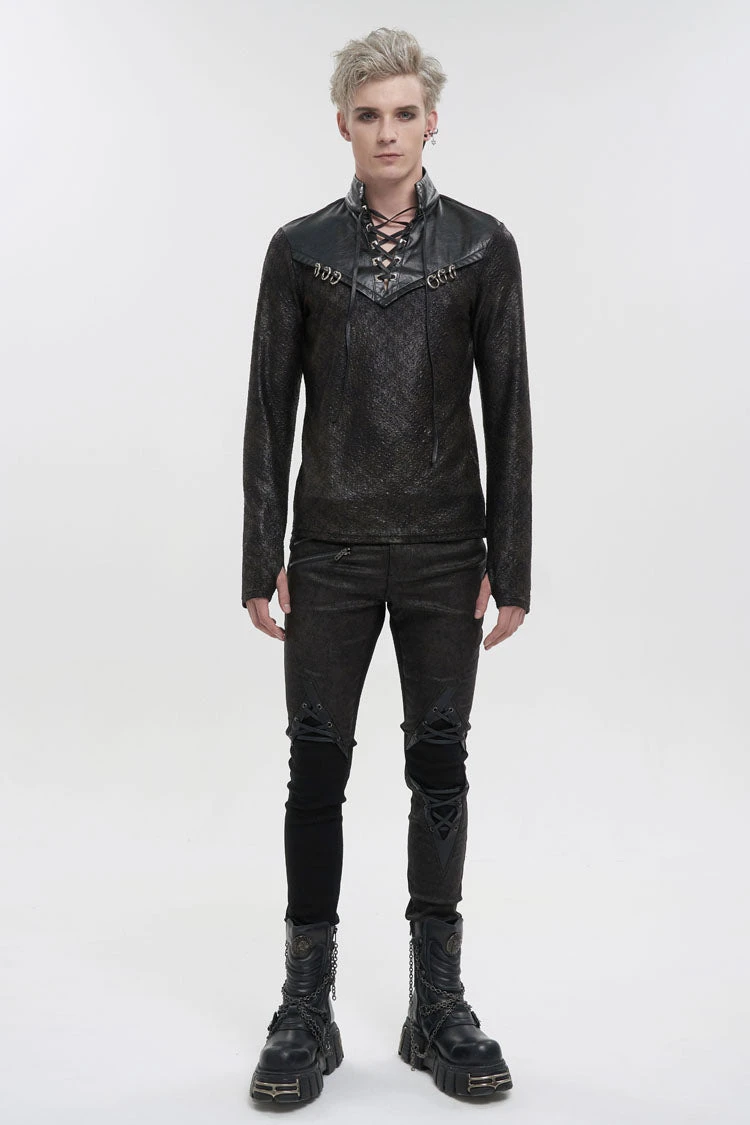 Black Stand Collar Long Sleeves Faux Leather Splice Men's Gothic Shirt 4 Black Stand Collar Long Sleeves Faux Leather Splice Men's Gothic Shirt - Image 2