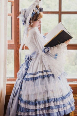 Blue/White Three Dimensional Flower Embroidery Hanayome Long Sleeves Bowknot Multi-Layer Ruffled Sweet Lolita OP Dress -LolitaInside a5ea281760bcbbb923cc29b34bb49a6b