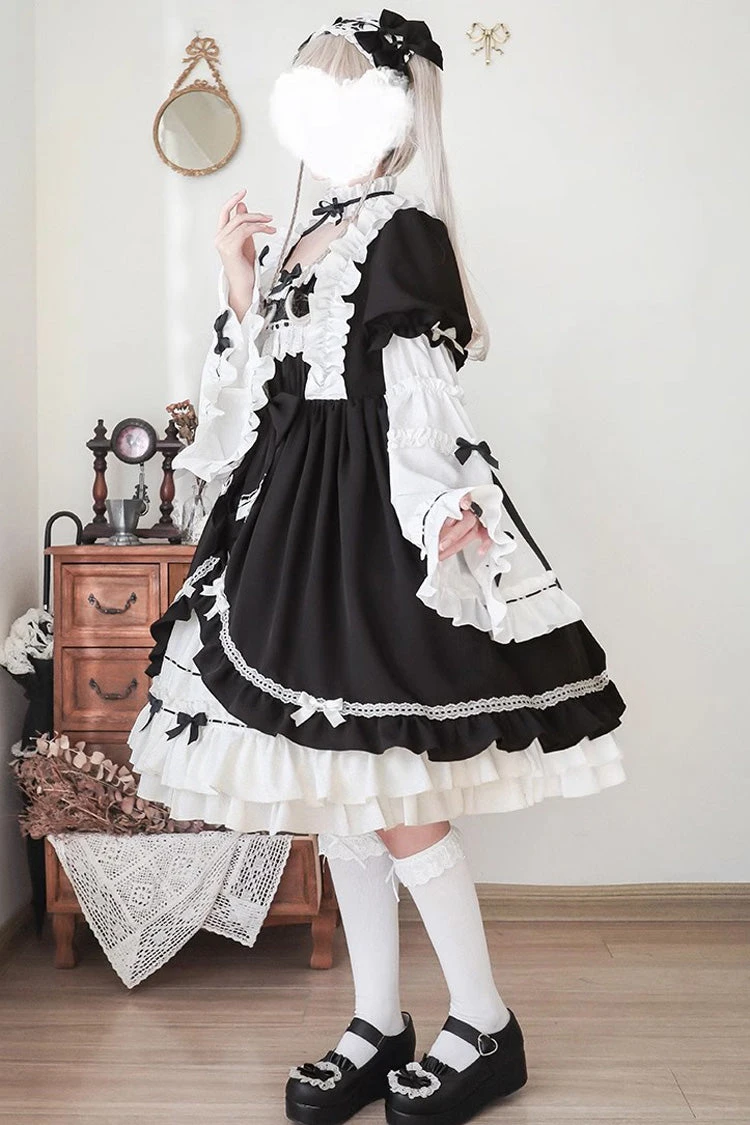 White/Black Long Sleeves Cardigan Bowknot Maid Gothic Lolita Dress 4 White/Black Long Sleeves Cardigan Bowknot Maid Gothic Lolita Dress - Image 2