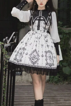 Black/White Long Sleeves Lace Ruffle Butterfly Magic Print Gothic Lolita OP Dress