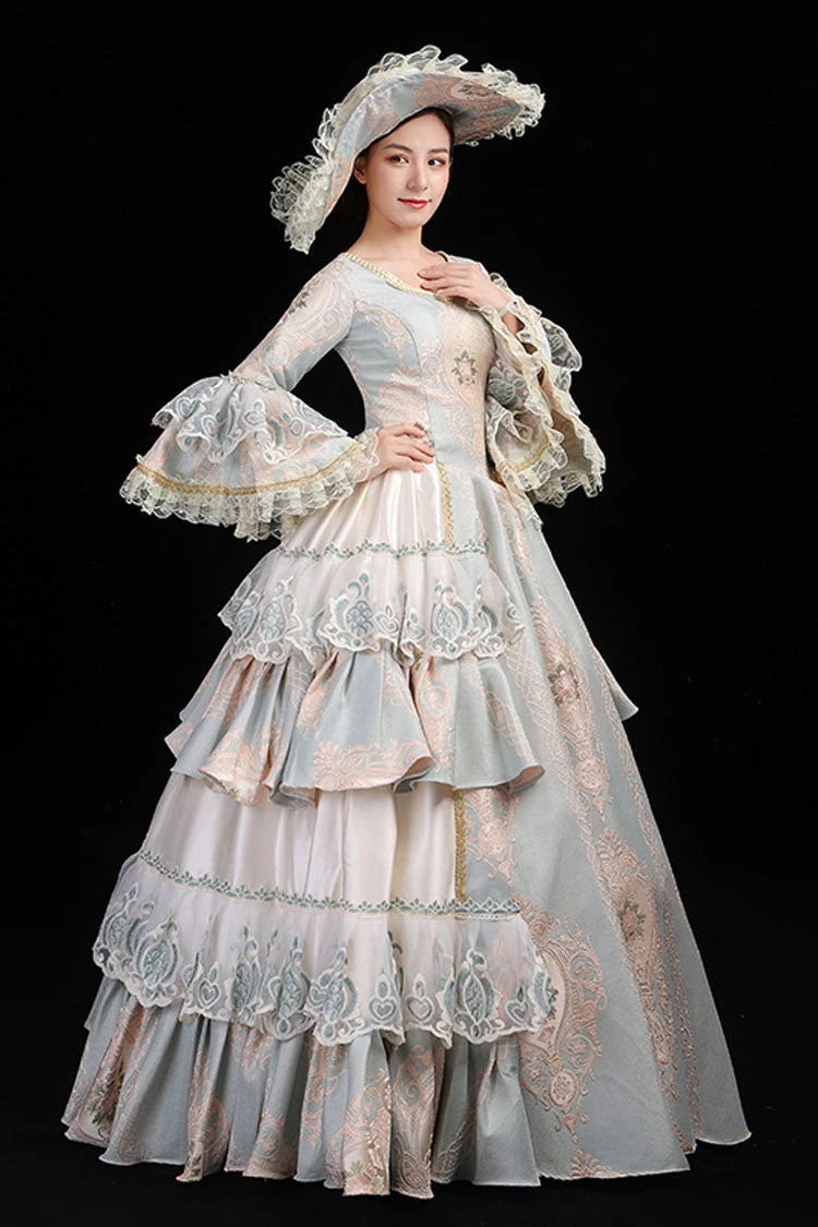 Light Blue Hime Sleeves High Waisted Round Collar Lace Stitching Hollow Embroidery Flower Print Victorian Lolita Prom Dress 5 Light Blue Hime Sleeves High Waisted Round Collar Lace Stitching Hollow Embroidery Flower Print Victorian Lolita Prom Dress - Image 3