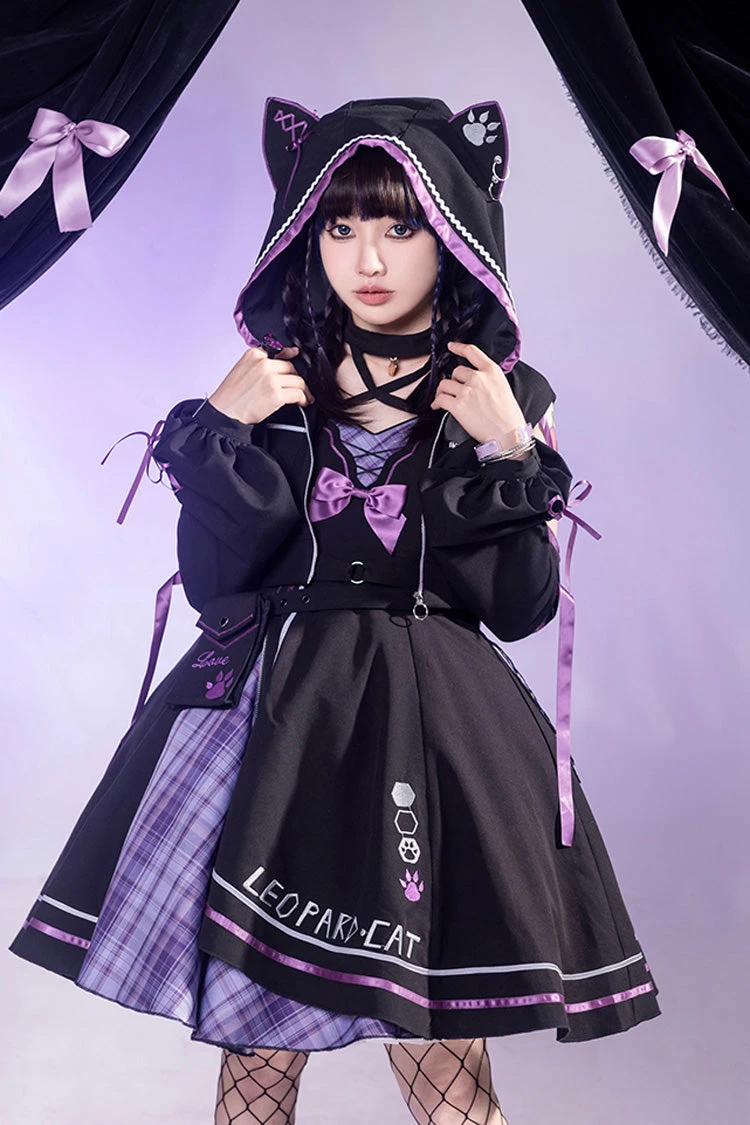 Black/Purple Cat Paw Print Bowknot Gothic Lolita Jsk Dress Set 4 Black/Purple Cat Paw Print Bowknot Gothic Lolita Jsk Dress Set - Image 2