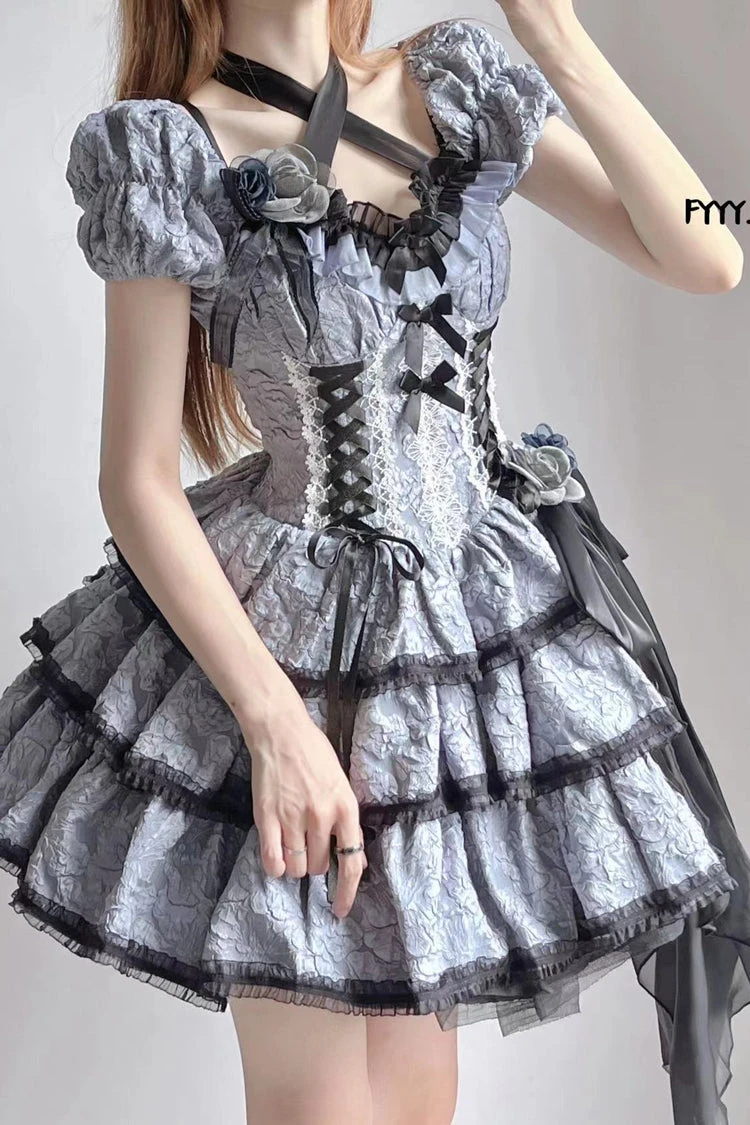 Black/Blue Medea Kiss Short Sleeves Gothic Lolita Op Tiered Dress 6 Black/Blue Medea Kiss Short Sleeves Gothic Lolita Op Tiered Dress - Image 4