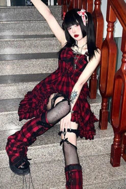 Red Scarlet Abby Style Irregular Plaid Printing Gothic Lolita JSK Dress -LolitaInside a7615c95e14c372450f1dd224adcaa55