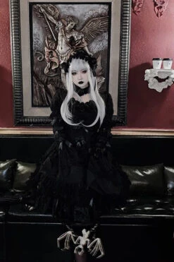 Pure Black Puff Short Sleeves Princess Gothic Lolita Tiered Dress -LolitaInside a7b3c0539f00c42994ca1ebf0dbfab43