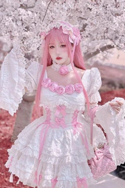 White/Pink Puff Short Sleeves Princess Gothic Lolita Tiered Dress -LolitaInside a7cf811405e80f97be7ffad7d19ae7a7