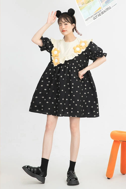 Black Ruffled Splicing Round Collar Bubble Short Sleeves Floral Print High Waisted Sweet Lolita Dress 7 Black Ruffled Splicing Round Collar Bubble Short Sleeves Floral Print High Waisted Sweet Lolita Dress - Image 5