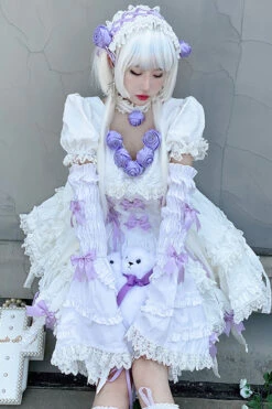 White/Purple Puff Short Sleeves Princess Gothic Lolita Tiered Dress -LolitaInside a8031f1d28a442e52129beb832237aa8