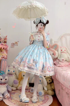 Blue Short Sleeves Baked Bear Print Ruffle Sweet Lolita Dress -LolitaInside a8541c53067e88d786c4ba04318944ad