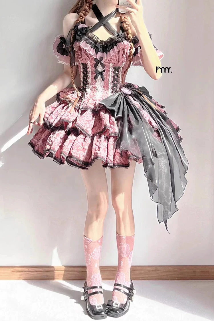 Pink Medea Kiss Short Sleeves Gothic Lolita JSK Tiered Dress 7 Pink Medea Kiss Short Sleeves Gothic Lolita JSK Tiered Dress - Image 5